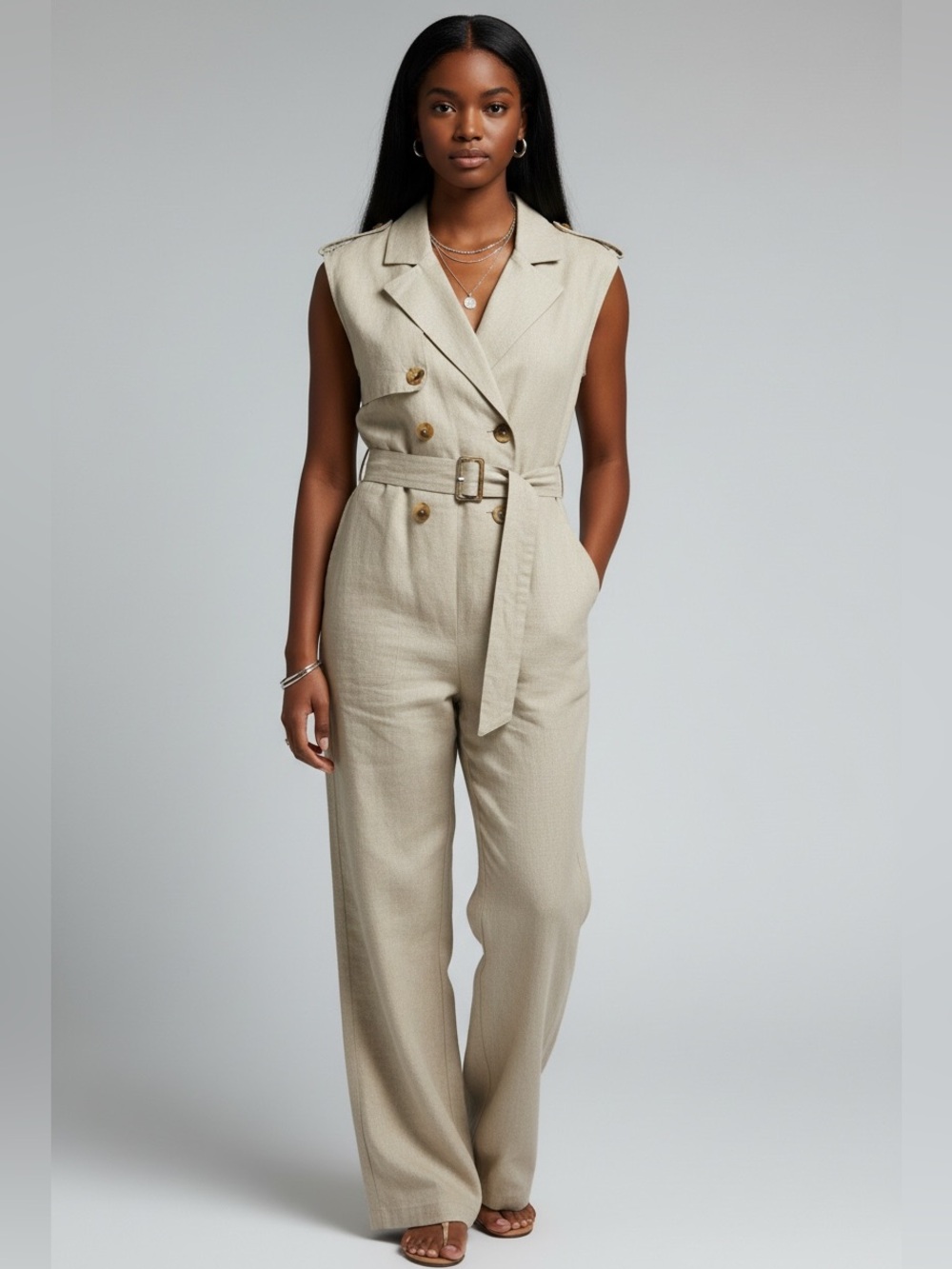 Haute Monde Sleeveless Double-Breasted Belted Jumpsuit in Cream